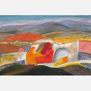 Abstract oval painting with reference to Tuscany. Mainly red, blue and orange colors. Title: Maremma - La Casa in Collina