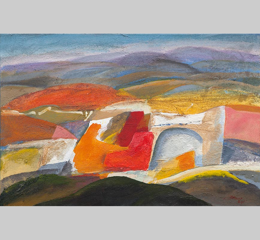 Abstract oval painting with reference to Tuscany. Mainly red, blue and orange colors. Title: Maremma - La Casa in Collina