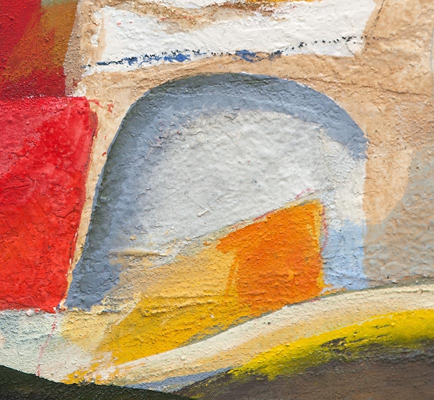 Detail of Abstract oval painting with reference to Tuscany. Mainly red, blue and orange colors. Title: Maremma - La Casa in Collina