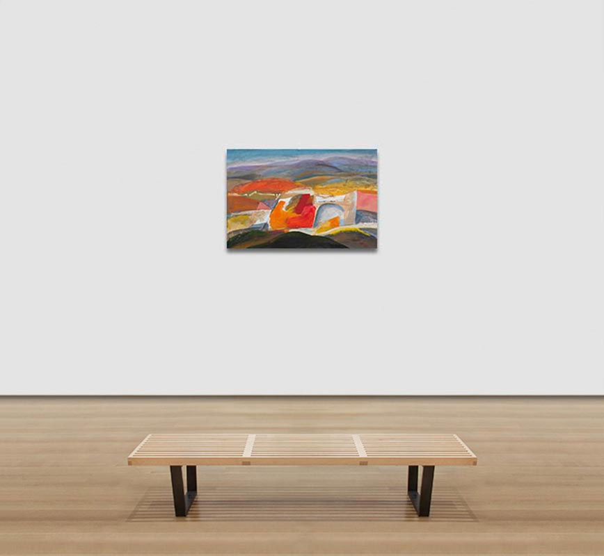 View in a Room of Abstract oval painting with reference to Tuscany. Mainly red, blue and orange colors. Title: Maremma - La Casa in Collina