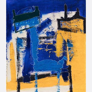 Abstract painting with reference to animals. Bright yellow and blue colors applied with a strong brushstroke and outlined by a fine line. Title: The Squares that Define
