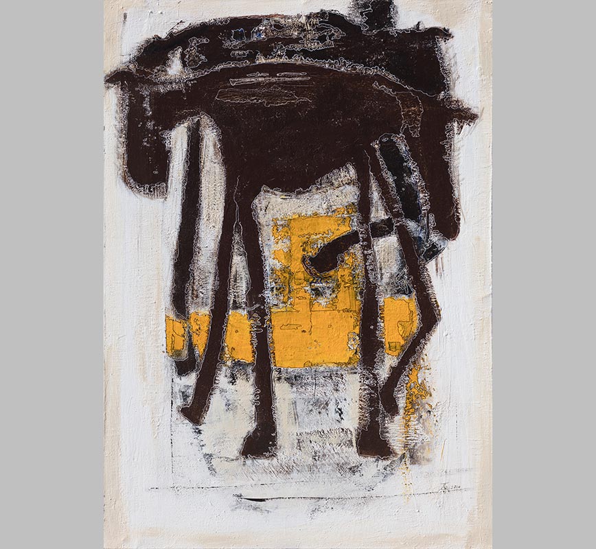 Abstract painting with reference to animals. Bright yellow and brown colors applied with a strong brushstroke and outlined by a fine line. Title: Walking the Continuous Path