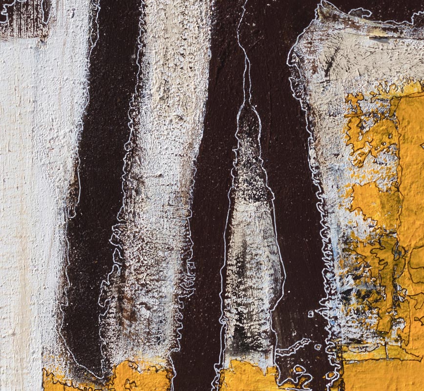 Detail of an abstract painting with reference to animals. Bright yellow and brown colors applied with a strong brushstroke and outlined by a fine line. Title: Walking the Continuous Path