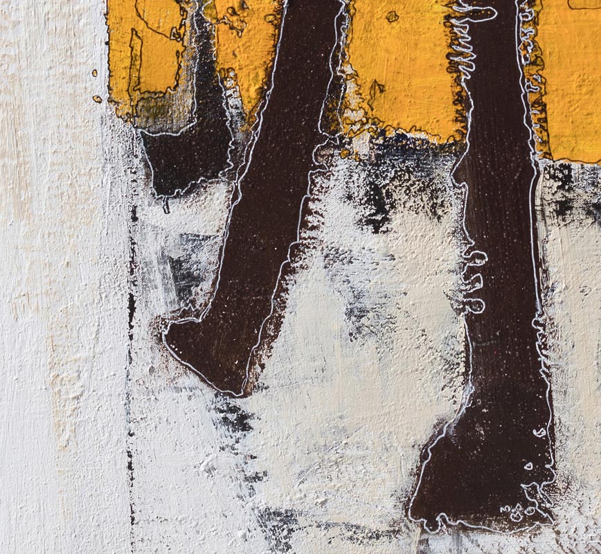 Detail of an abstract painting with reference to animals. Bright yellow and brown colors applied with a strong brushstroke and outlined by a fine line. Title: Walking the Continuous Path