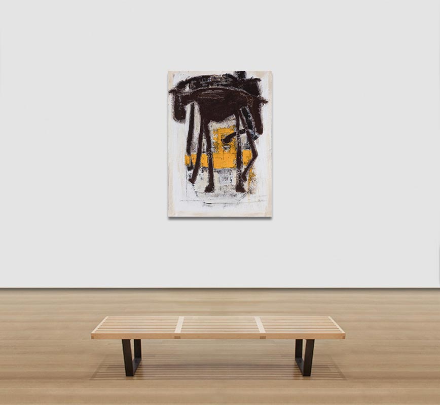 View in a room of an abstract painting with reference to animals. Bright yellow and brown colors applied with a strong brushstroke and outlined by a fine line. Title: Walking the Continuous Path