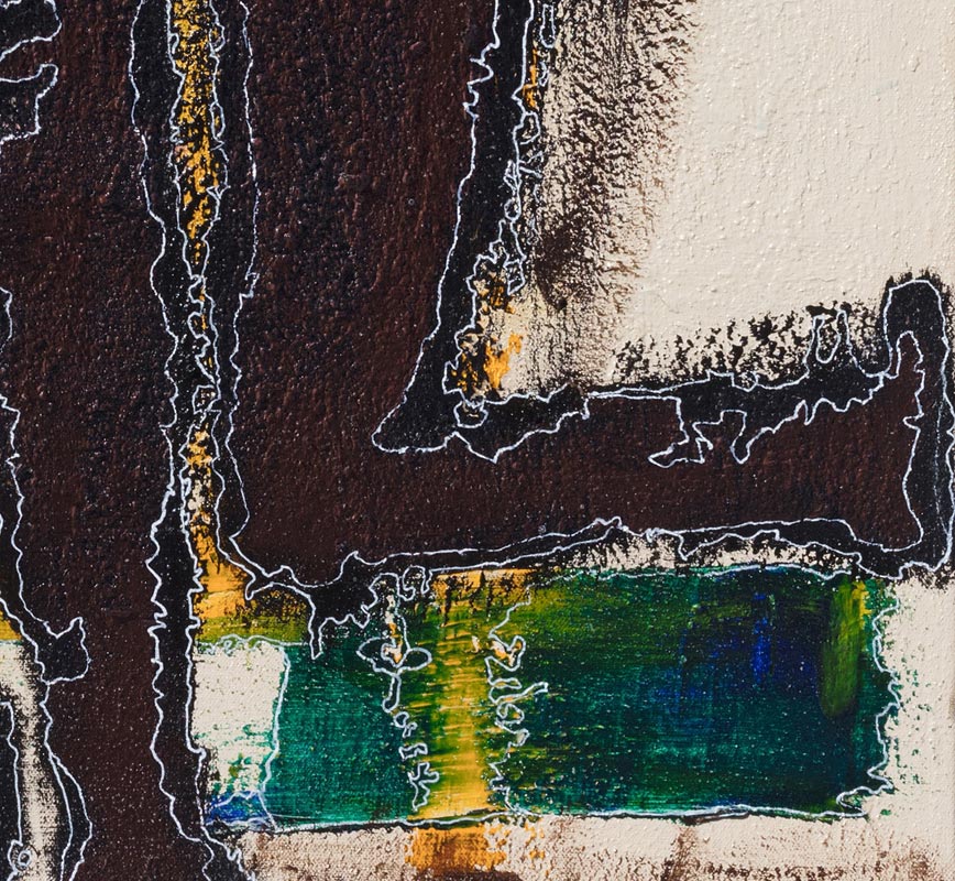 Detail of an abstract painting with reference to animals. Bright yellow, blue, green and brown colors applied with a strong brushstroke and outlined by a fine line. Title: Brother's Keeper