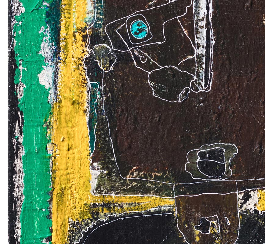 Detail of an expressionistic painting of a man. Bright yellow, green, and brown colors outlined by a fine line. Title: Angel on My Shoulder