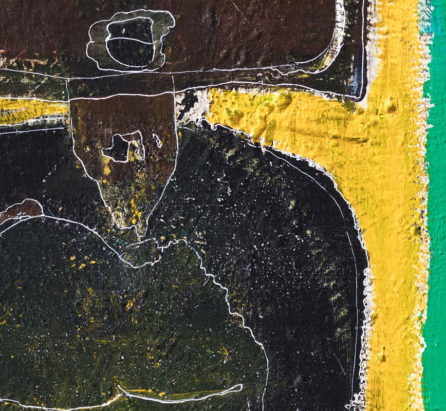 Detail of an expressionistic painting of a man. Bright yellow, green, and brown colors outlined by a fine line. Title: Angel on My Shoulder