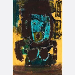 Expressionistic painting of a woman. Bright yellow, turquoise, green, and brown colors outlined by a fine line. Title: A Link To the World