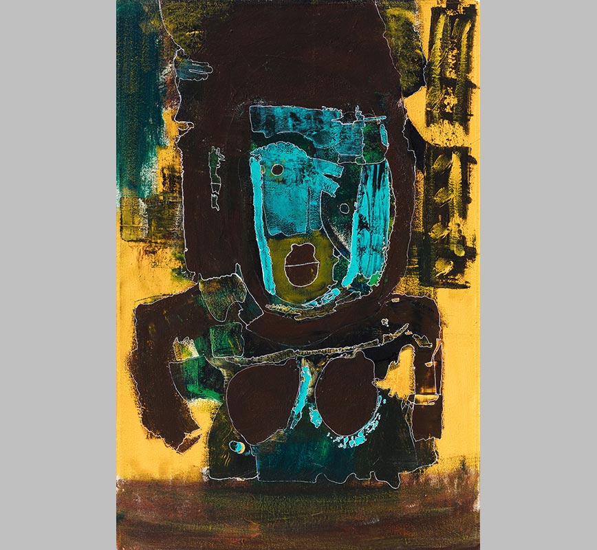 Expressionistic painting of a woman. Bright yellow, turquoise, green, and brown colors outlined by a fine line. Title: A Link To the World