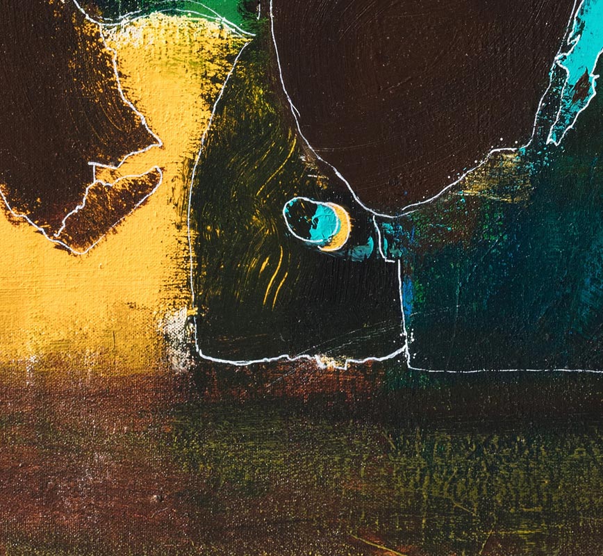 Detail of an expressionistic painting of a woman. Bright yellow, turquoise, green, and brown colors outlined by a fine line. Title: A Link To the World