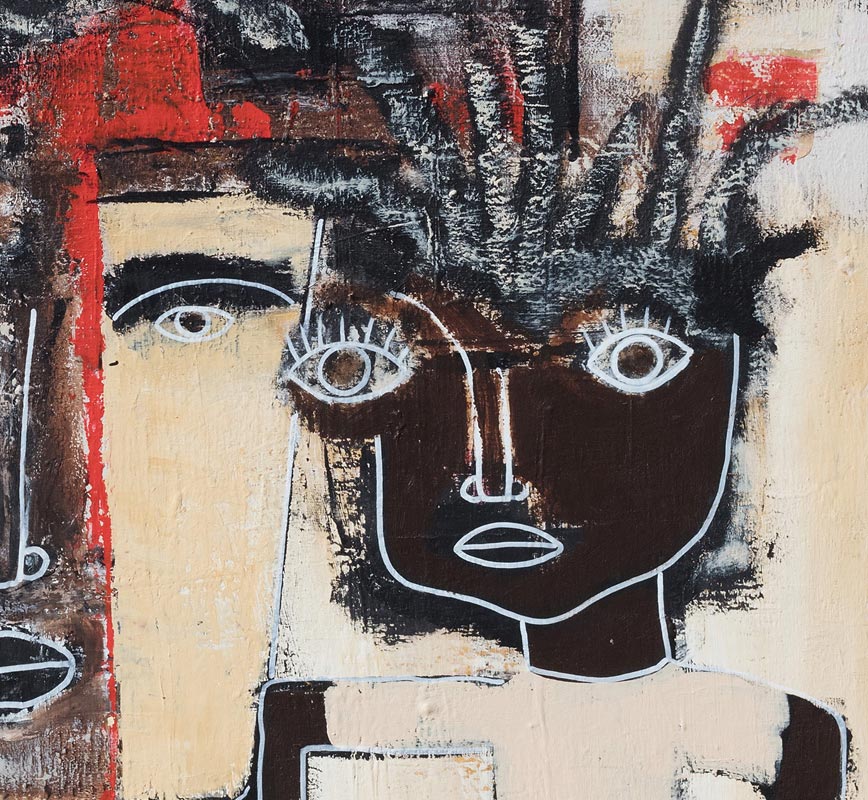 Detail of an expressionistic painting of a man and a woman in red and brown colors against a skyline. Title: The Tourist