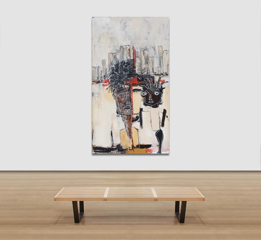 View in a room of an expressionistic painting of a man and a woman in red and brown colors against a skyline. Title: The Tourist