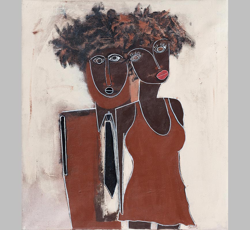 Expressionistic painting of a man and a woman in red and brown colors. Title: His and Her's