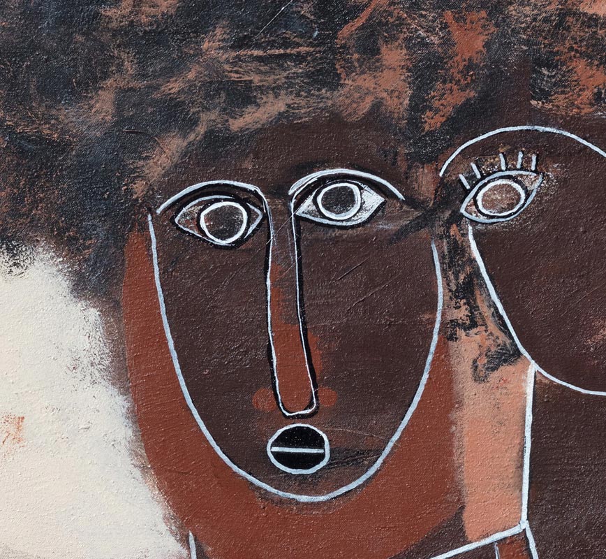 Detail of an expressionistic painting of a man and a woman in red and brown colors. Title: His and Her's