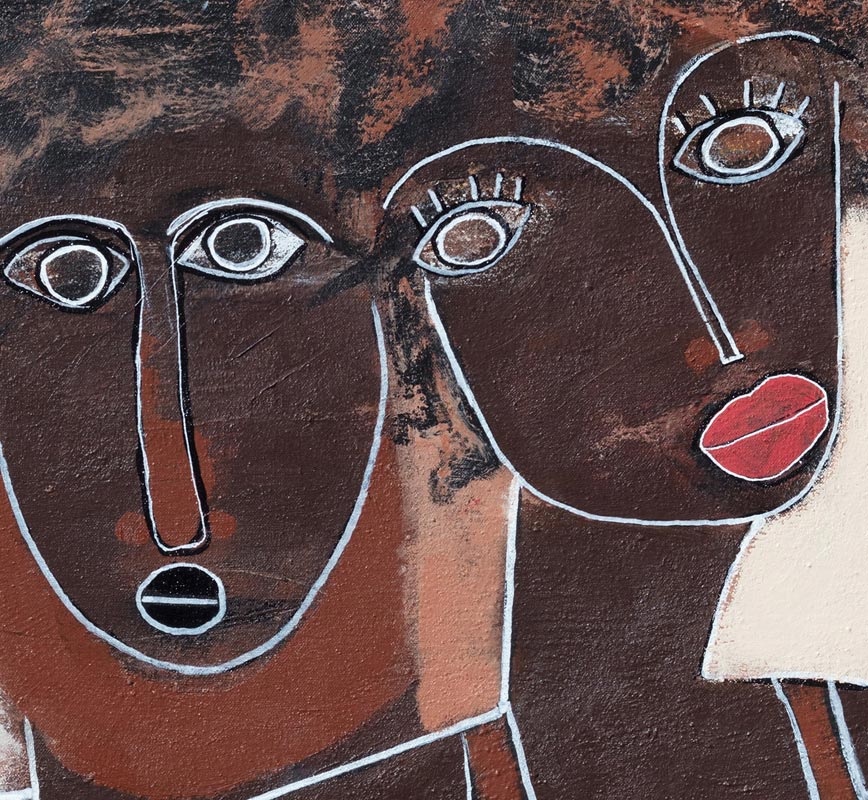 Detail of an expressionistic painting of a man and a woman in red and brown colors. Title: His and Her's