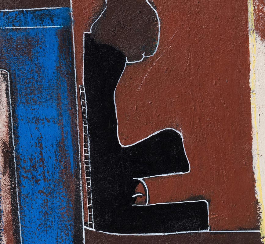 Detail of an expressionistic painting of a young man carrying a rifle in red, blue, and brown colors. Title: Ambushed in Africa.