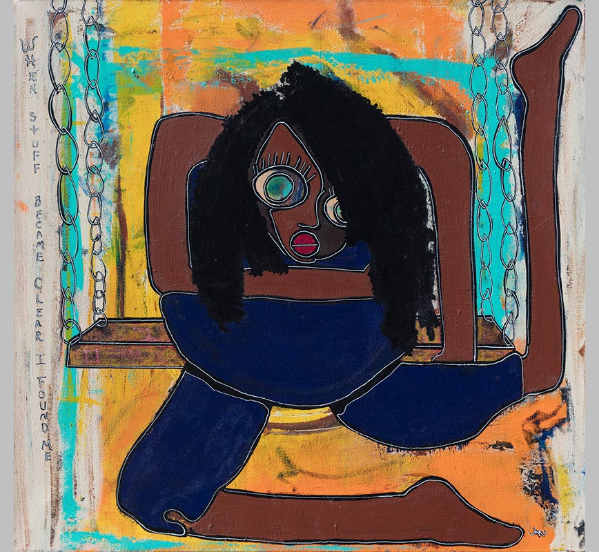 Expressionistic painting of a young woman with big green eyes. Bright orange, turquoise, and brown colors. Title: The Skin I'm In