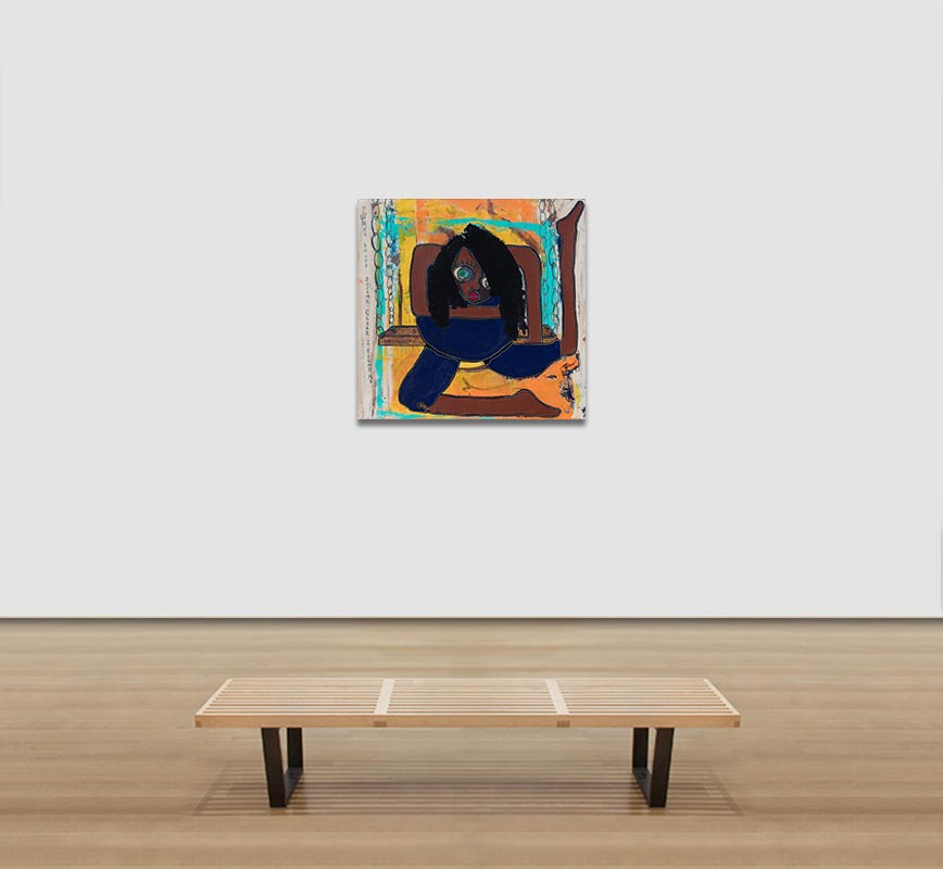 View in a room of an expressionistic painting of a young woman with big green eyes. Bright orange, turquoise, and brown colors. Title: The Skin I'm In
