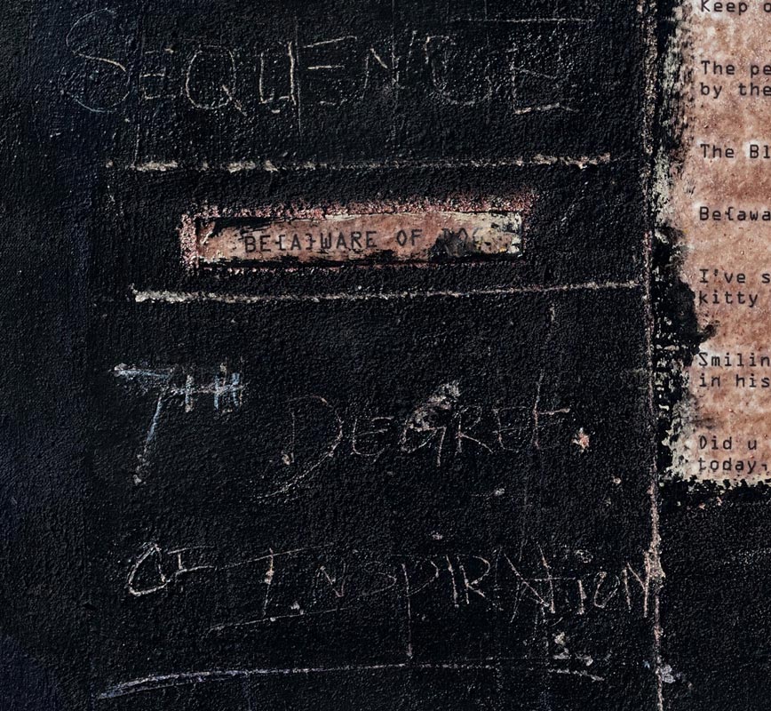 Detail of a painting with a poem by the artist  laid on a dark background. The surface is made of a thick impasto with words and numerals written in sgraffito. Title: Blackened by Nature