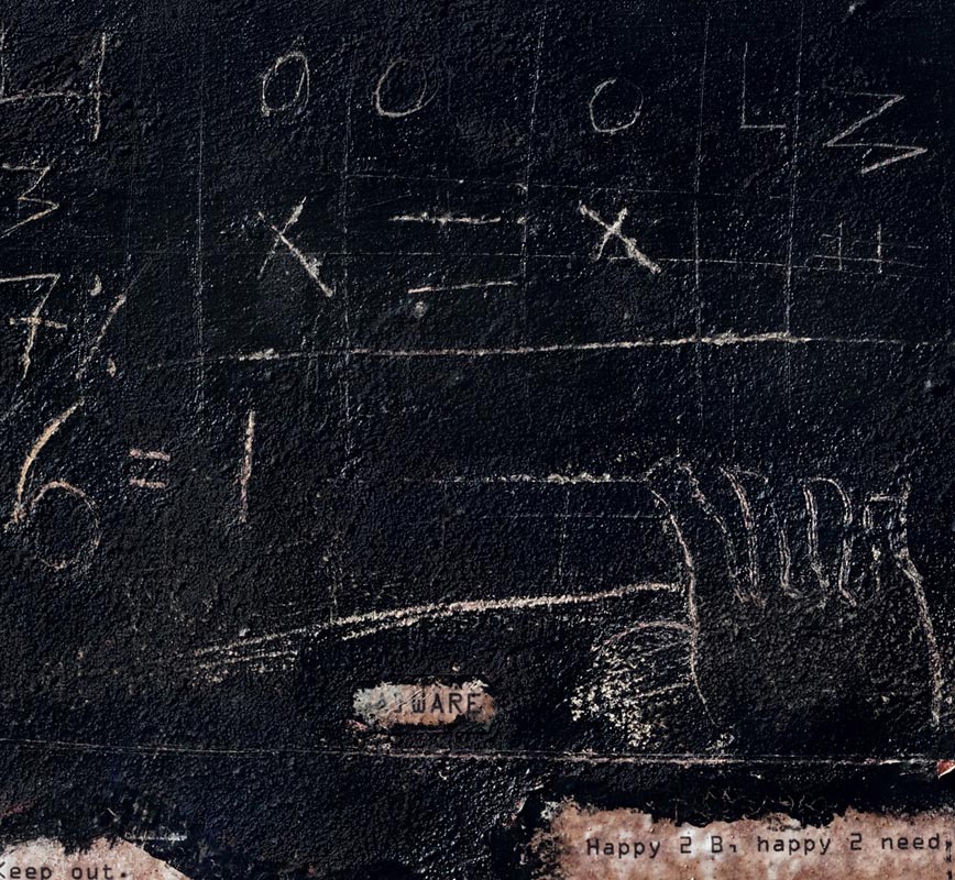 Detail of a painting with a poem by the artist laid on a dark background. The surface is made of a thick impasto with words and numerals written in sgraffito. Title: Blackened by Nature