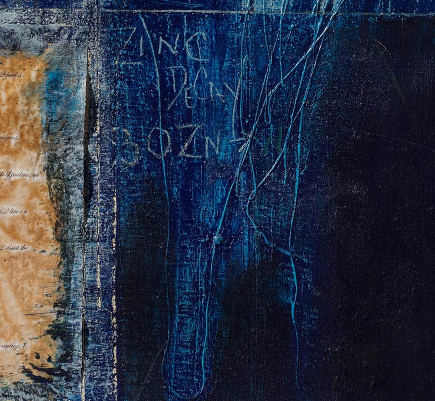 Detail of a painting with a poem by the artist laid on a light and dark blue background. The surface is made of a thick impasto with words and numerals written in sgraffito. Title: Mineral Deposit