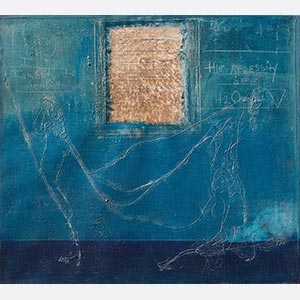 Painting with a poem by the artist laid on a light and dark blue background. The surface is made of a thick impasto with words and numerals written in sgraffito. Title: A Drop in the Pond