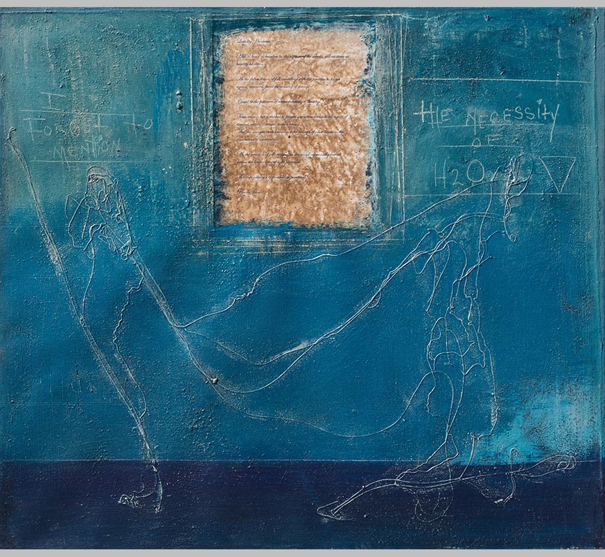 Painting with a poem by the artist laid on a light and dark blue background. The surface is made of a thick impasto with words and numerals written in sgraffito. Title: A Drop in the Pond