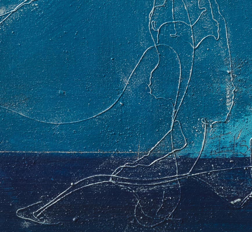 Detail of a painting with a poem by the artist laid on a light and dark blue background. The surface is made of a thick impasto with words and numerals written in sgraffito. Title: A Drop in the Pond