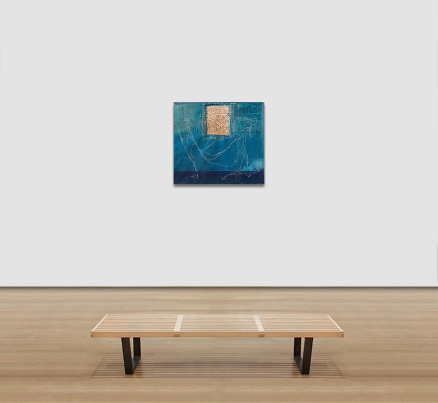 View in a room of a painting with a poem by the artist laid on a light and dark blue background. The surface is made of a thick impasto with words and numerals written in sgraffito. Title: A Drop in the Pond