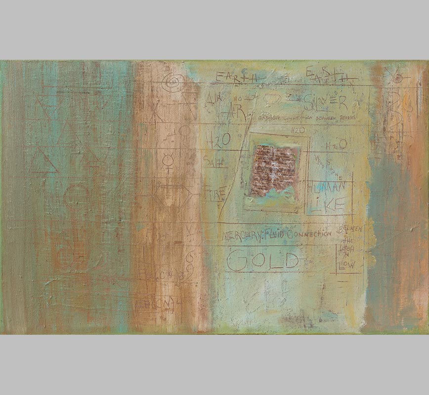 Painting with a poem by the artist laid on a green and beige background. The surface is made of a thick impasto with words and numerals written in sgraffito. Title: Shaped by the Elements