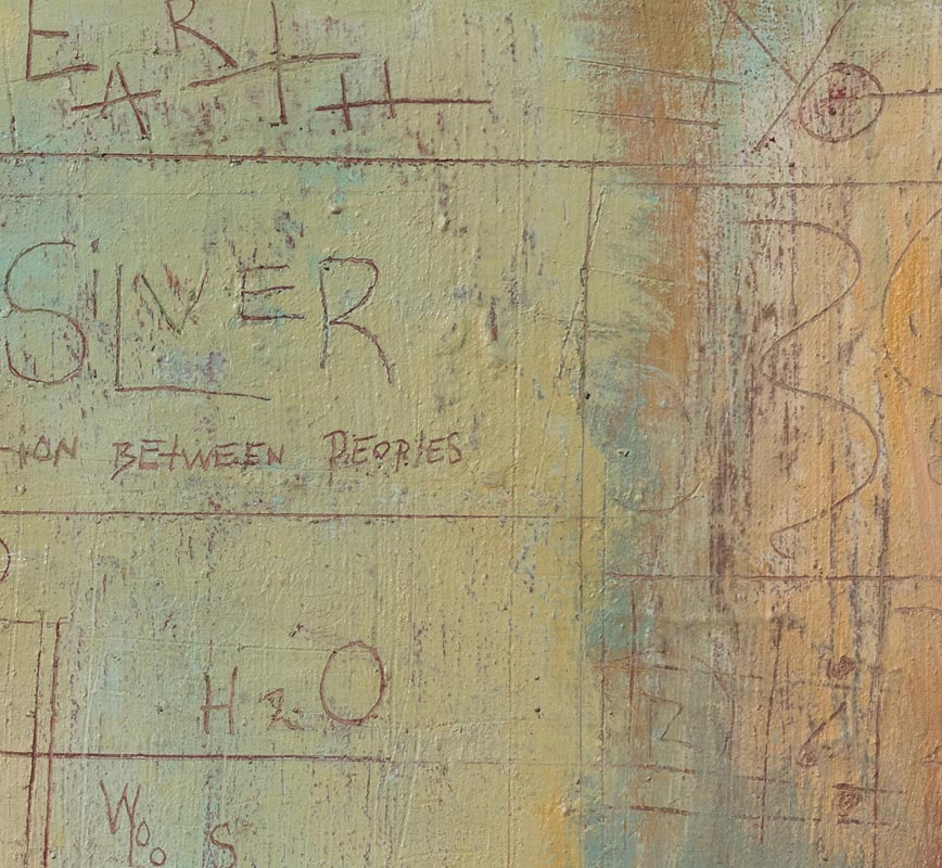 Detail of a painting with a poem by the artist laid on a green and beige background. The surface is made of a thick impasto with words and numerals written in sgraffito. Title: Shaped by the Elements