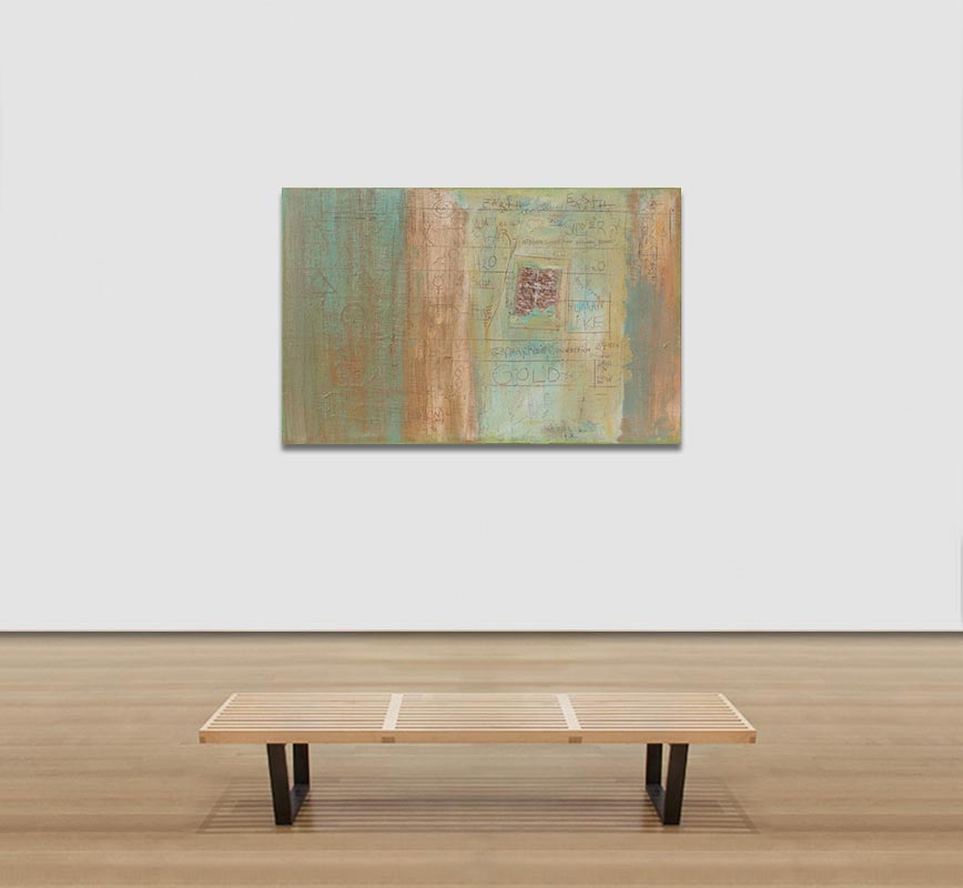 View in a room of a painting with a poem by the artist laid on a green and beige background. The surface is made of a thick impasto with words and numerals written in sgraffito. Title: Shaped by the Elements