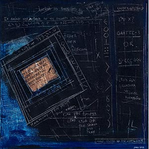 Painting with a poem by the artist laid on a dark background. The surface is made of a thick impasto with words and numerals written in sgraffito. Title: Genetically Modified