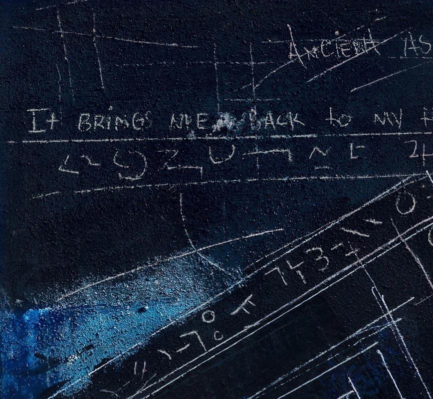 Detail of a painting with a poem by the artist laid on a dark background. The surface is made of a thick impasto with words and numerals written in sgraffito. Title: Genetically Modified