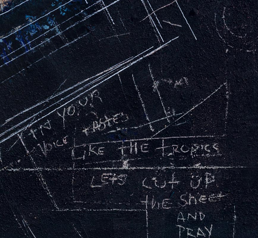 Detail of a painting with a poem by the artist laid on a dark background. The surface is made of a thick impasto with words and numerals written in sgraffito. Title: Genetically Modified