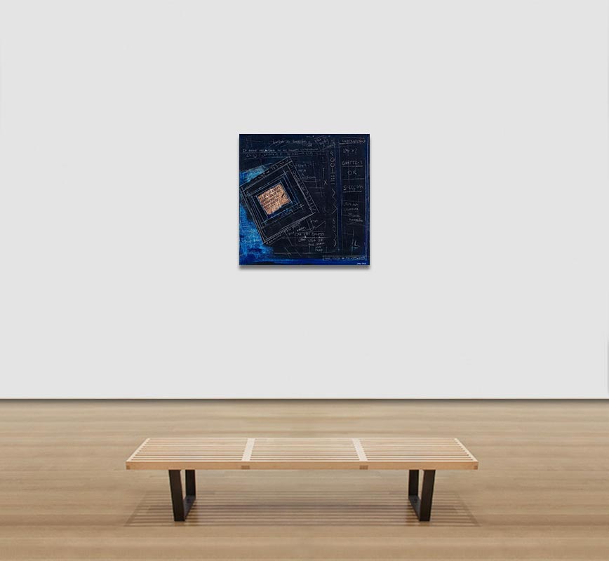 View in a room of a painting with a poem by the artist laid on a dark background. The surface is made of a thick impasto with words and numerals written in sgraffito. Title: Genetically Modified