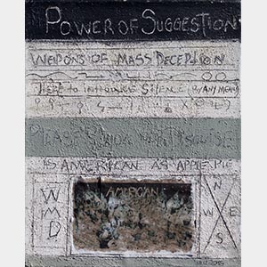 Highly textural black and white painting with political statements written in sgraffito. Title: Black and White
