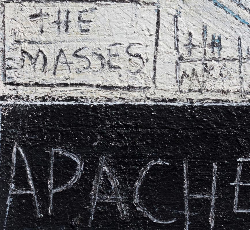 Detail of a highly textural black and white painting with political statements written in sgraffito. Title: Apache Revolution
