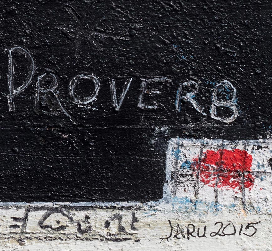 Detail of a highly textural black and white painting with political statements written in sgraffito. Title: Apache Revolution