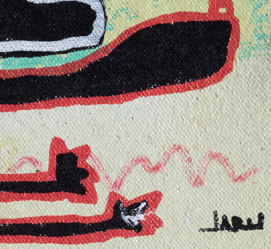 Detail of a small expressionist oil painting representing a man in black, green and beige colors. Title: The Last Time I Saw It