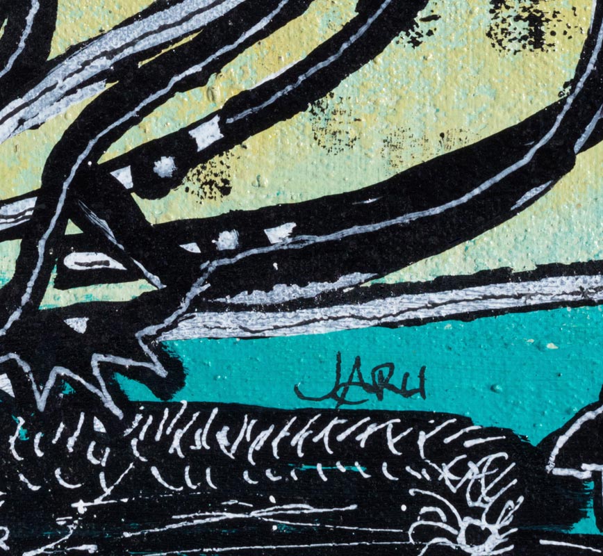 Detail of a small expressionist oil painting representing an animal in black, turquoise and acqua colors. Title: The Valley of Dancers