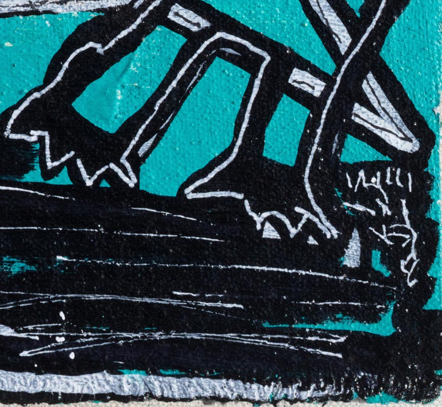 Detail of a small expressionist oil painting representing an animal in black, turquoise and acqua colors. Title: The Valley of Dancers