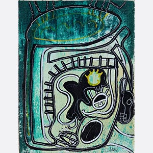 Small expressionist oil painting representing a mask, in turquoise and acqua colors. Title: The Other Mask