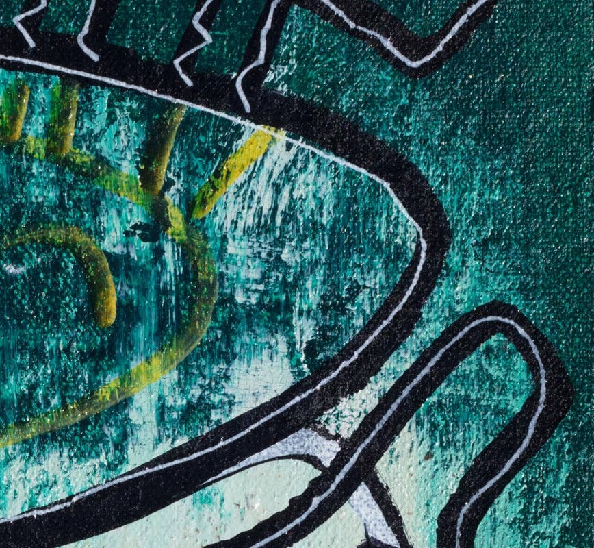 Detail of a small expressionist oil painting representing a mask, in turquoise and acqua colors. Title: The Other Mask