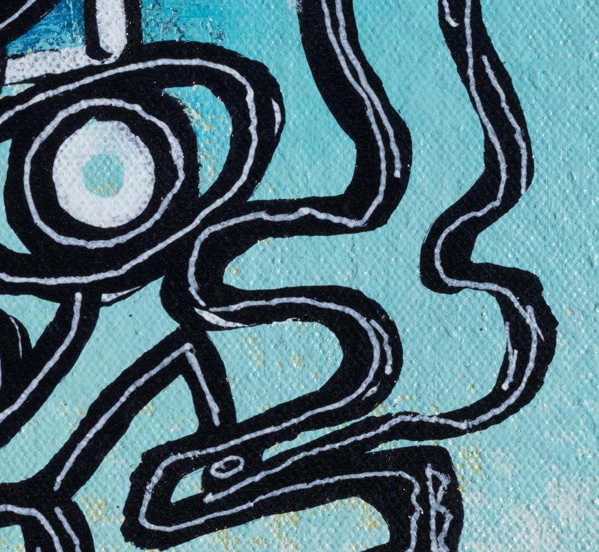 Detail of a small expressionist oil painting representing a face, in turquoise and acqua colors. Title: Head Full of Air