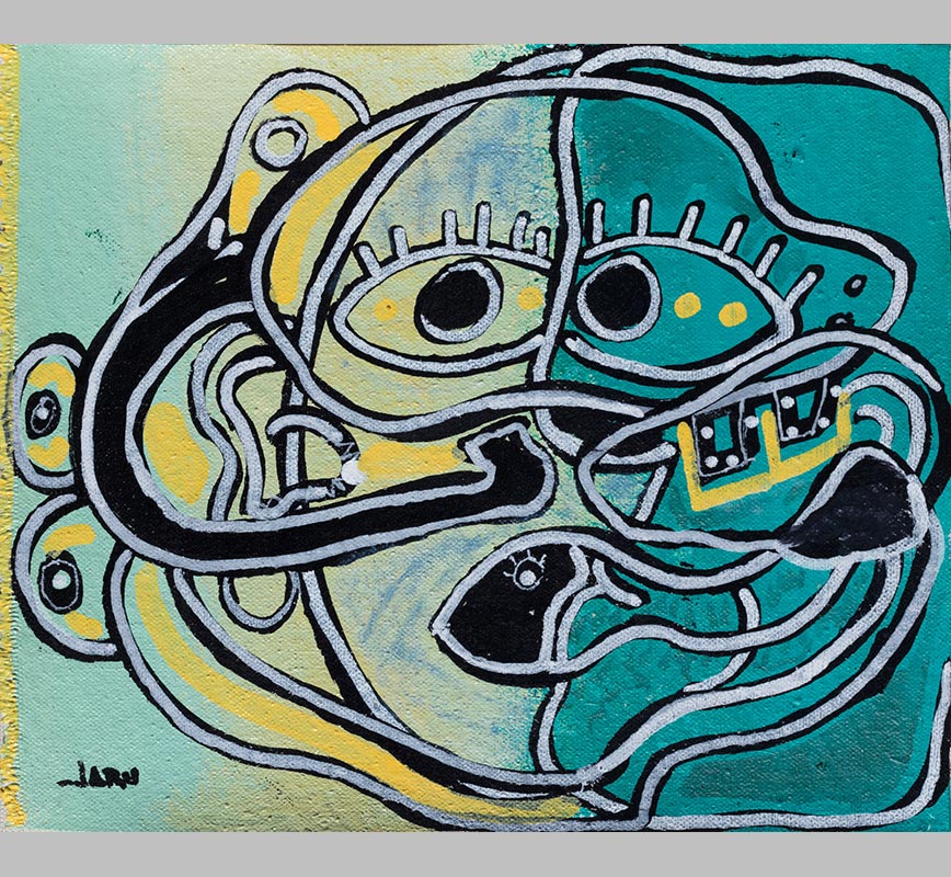 Small expressionist oil painting representing a face, in turquoise and acqua colors. Title: Octopus Huggs