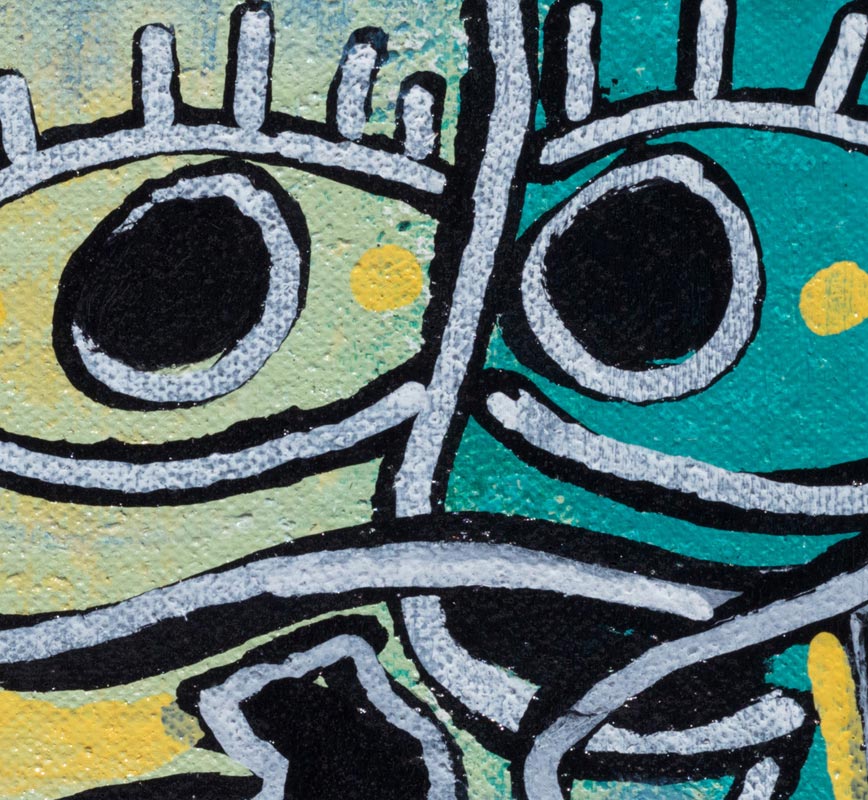 Detail of a small expressionist oil painting representing a face, in turquoise and acqua colors. Title: Octopus Huggs