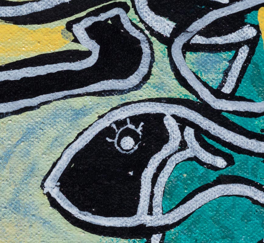 Detail of a small expressionist oil painting representing a face, in turquoise and acqua colors. Title: Octopus Huggs