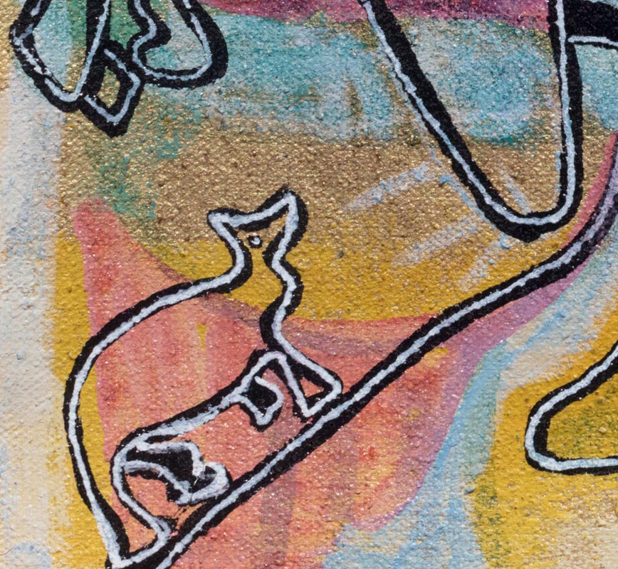 Detail of a small expressionist oil painting representing fantastic animals, in pink, beige and acqua colors. Title: A Place to Hide